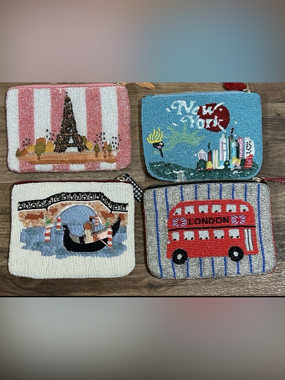 Lot of 4 Anthropologie Beaded Mini Pouches London, Paris, New York, Venice